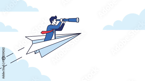 Ambitious businessman flying high on a paper airplane, looking through binoculars, symbolizing business vision, future planning, and strategic foresight.