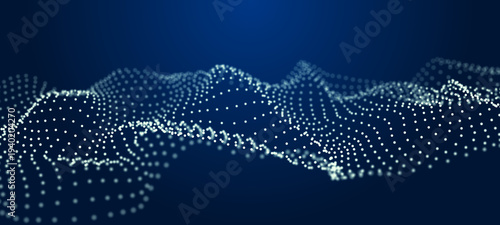 Waves transmit silent codes through a luminous matrix. Particles pulse with digital motion. 3D rendering.