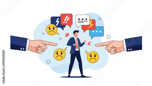 Man surrounded by angry chat bubbles and pointing fingers from large hands, symbolizing workplace conflict, blame, criticism, and professional disputes.