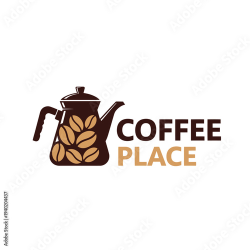 Coffee Place Logo - A Stylish Coffee Pot with Coffee Beans Design.