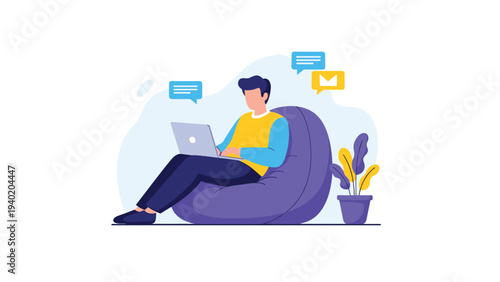Relaxed man working comfortably on a laptop while seated on a bean bag chair, symbolizing flexible remote work, freelancing, and digital nomad lifestyle.