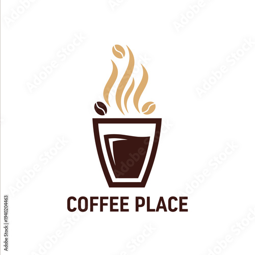 Coffee Place Logo - Aromatic Coffee Cup with Coffee Beans and Steam.