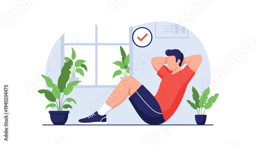 Young man performing sit-ups diligently at home, surrounded by potted plants, emphasizing home fitness, core strength, and a healthy workout routine.
