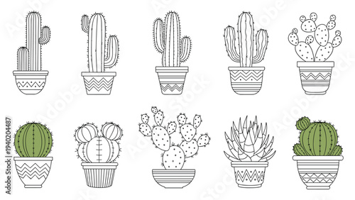 Diverse collection of potted cacti and succulents in various outline styles, with some featuring green accents, for botanical and nature designs.
