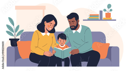 Loving parents gently reading a book to their young child while sitting together on a comfortable sofa, symbolizing family bonding and early education.