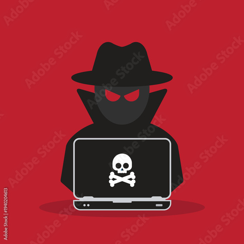 Cybersecurity Hacker Attack Concept – Anonymous Cyber Criminal with Laptop and Malware Skull Icon, Internet Security Threat, Data Breach, Phishing and Hacking Vector Illustration