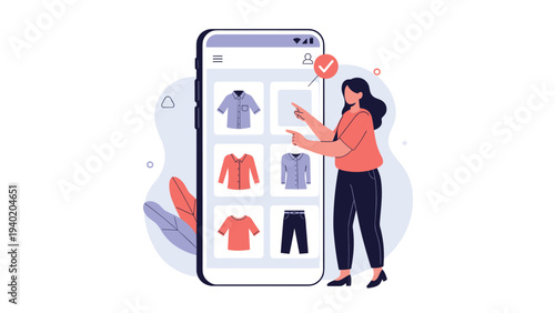 Woman browsing and selecting clothing items on a mobile shopping application, symbolizing online retail, fashion e-commerce, and digital shopping convenience.