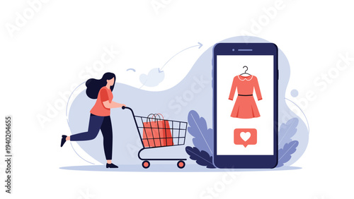Woman happily pushing a shopping cart while browsing clothes on a mobile app, symbolizing online fashion retail, modern shopping, and convenience.