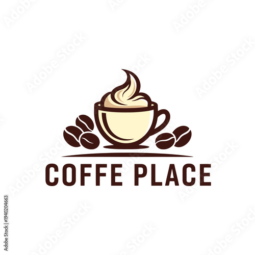 Coffee Place Logo with Cup and Beans, Creamy Delight, Cafe Branding.
