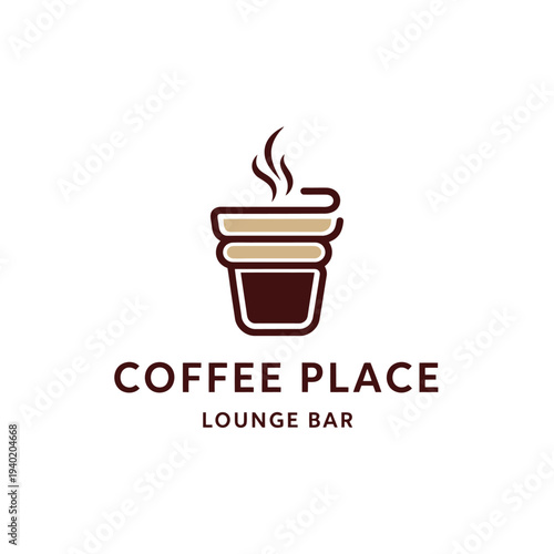 Coffee Place Lounge Bar Logo Design with Coffee Cup Illustration.