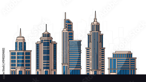 Collection of various modern city buildings and towering skyscrapers, representing urban architecture, metropolitan landscapes, and modern development.
