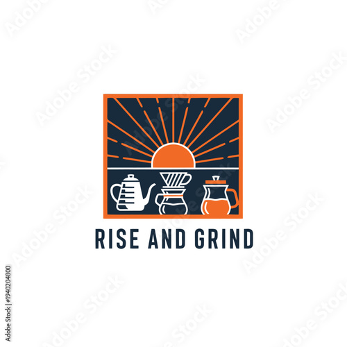 Coffee-themed logo featuring a sunrise, coffee pots, and the phrase Rise and Grind.