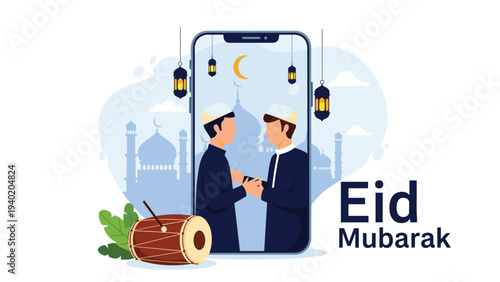 Two Muslim men greeting each other in front of a smartphone screen displaying a mosque and Eid Mubarak message.