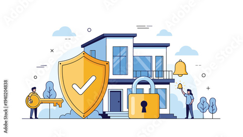 Modern smart home security system with people securing a house with a shield, lock, and alarm bell.