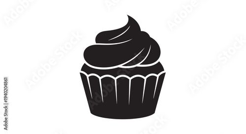 Black silhouette of a frosted cupcake with decorative swirl icing sits isolated on white background.