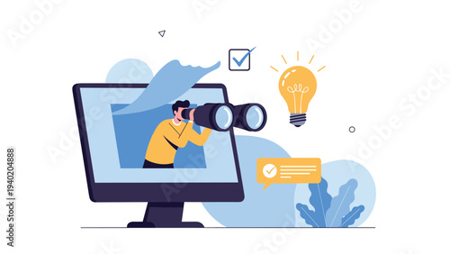 Man looking through binoculars on a computer screen, symbolizing idea generation, research, and new opportunities.