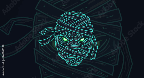 Captivating Vector Illustration of an Ancient Mummy Head with Intense Glowing Green Eyes, a Mysterious Emblem for Dark Fantasy and Halloween Themes