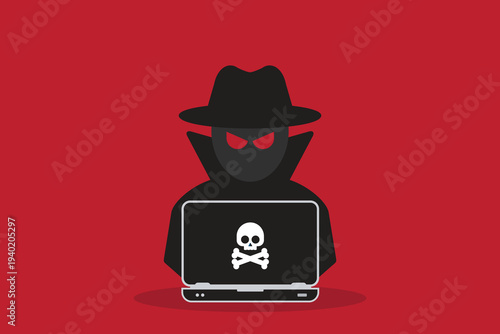Cybersecurity Hacker Attack Concept – Anonymous Cyber Criminal with Laptop and Malware Skull Icon, Internet Security Threat, Data Breach, Phishing and Hacking Vector Illustration