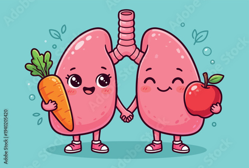 Cute cartoon lungs characters holding carrot and apple for healthy respiratory system vector