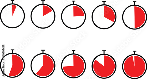 Set of 10 Stopwatch Icons Showing Progress Increments in Red and White