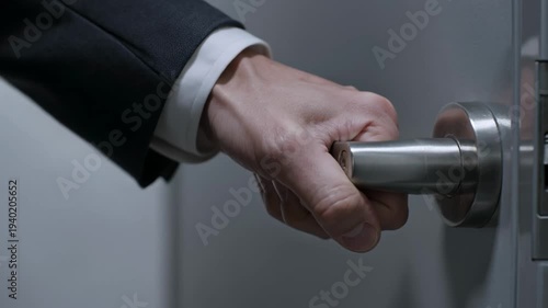 Business Person Tries to Open Locked Office Door Handle