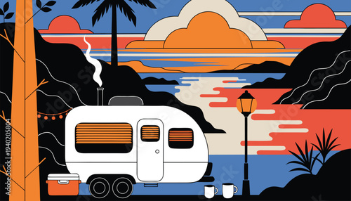 Retro Camper Trailer Camping by Lake at Sunset Scenic Nature Flat Vector Illustration