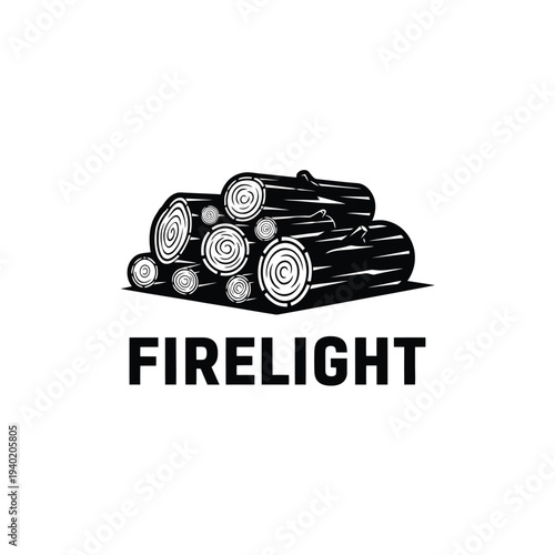 Firelight logo featuring a stack of wooden logs ready for burning, black and white.