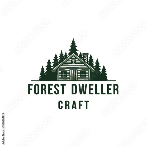 Forest Dweller Craft Logo - Cabin in the Woods with Pine Trees.