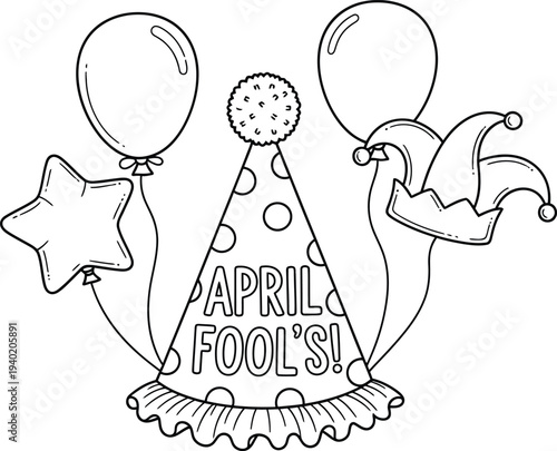 Vector illustration of April Fool's Day party hat with balloons and jester hat