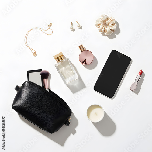 perfume accessories cosmetics and phone on white