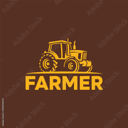 Golden tractor logo with the word farmer on a brown background.