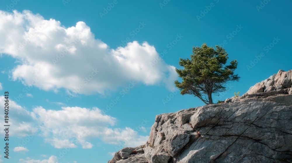 Fototapeta premium Lonely tree standing on top of a rocky cliff against a bright blue sky with clouds. Concept of resilience, perseverance and endurance in nature. Peaceful landscape and outdoor scenery.