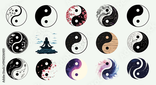 Diverse collection of Yin Yang symbols featuring various artistic interpretations including floral patterns, cosmic swirls, and natural textures, each representing balance and harmony