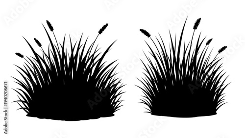 Two black silhouettes of cattail plants and tall grass on a white background.