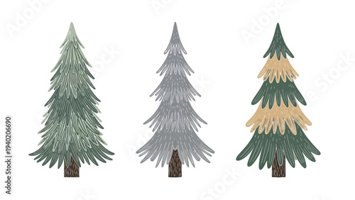 Three stylized evergreen trees in varying shades of green and brown.