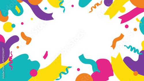 Vibrant Abstract Confetti and Ribbon Border on White Background.