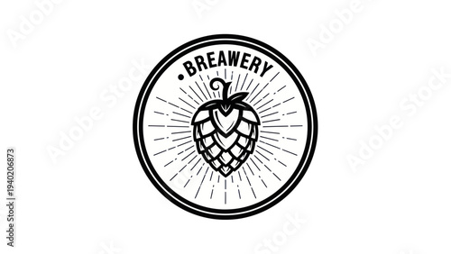 Vintage Brewery Logo with Hop Cone and Sunburst Design.