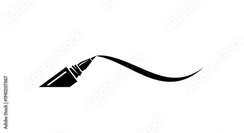 Eyeliner pen drawing a long elegant curved line, flowing makeup design, isolated white background.