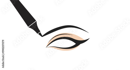 Eyeliner pen drawing a dramatic winged eyeliner on a closed eye, bold beauty makeup, isolated white background.