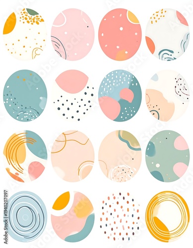 Sixteen pastel-colored ovals with various abstract designs, resembling Easter eggs or decorative accents, in a grid