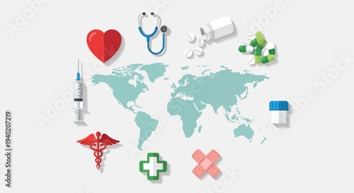 World Map With Healthcare Icons Global Health Awareness Illustration