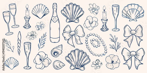 A collection of hand drawn sketches featuring shells champagne and floral elements