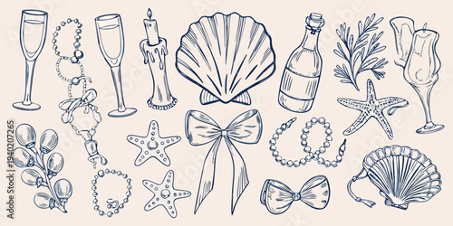 A delicate sketch featuring champagne glasses seashells and decorative elements