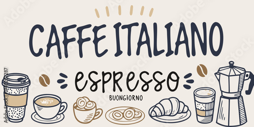 Caffe italiano illustration with coffee croissants and brewing equipment