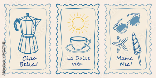Italian themed postage stamps featuring coffee sun and seaside items