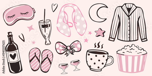 A collection of illustrated sleepover and relaxation themed items