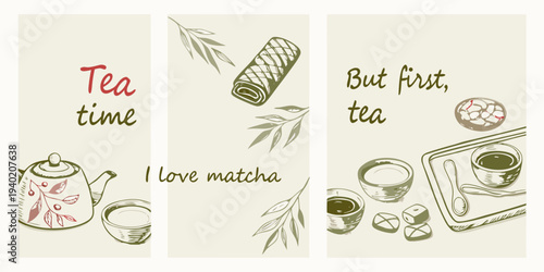 Charming hand drawn illustrations depicting tea and matcha beverage arrangements