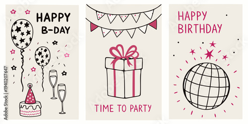 Three birthday cards with balloons gifts and celebratory elements