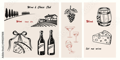 Wine and cheese themed sketches vineyard bottles glasses and cheese
