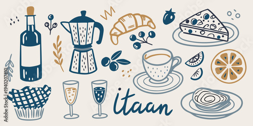 A colorful illustration depicting various breakfast and dessert items